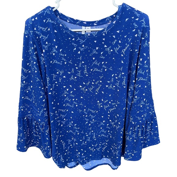 Elle Shirt Womens Plus Size 2X XXL Blue Paris Bell Long Sleeve Pullover Stretch - Picture 2 of 10